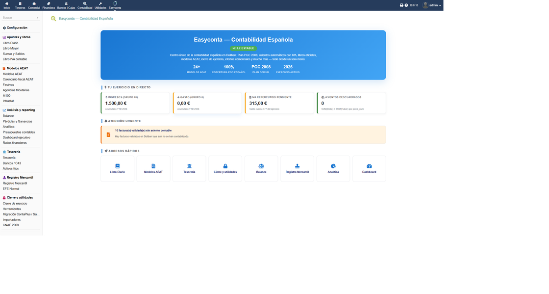 Panel de EasyConta en Dolibarr: libros, modelos AEAT, tesorería y Registro Mercantil